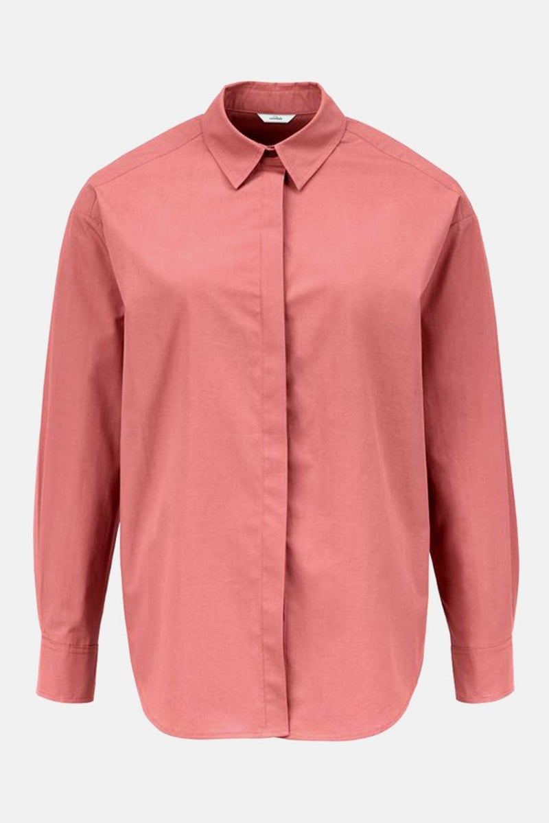 Women Spread Neck Long Sleeves Plain Poplin Shirt, Rosewood