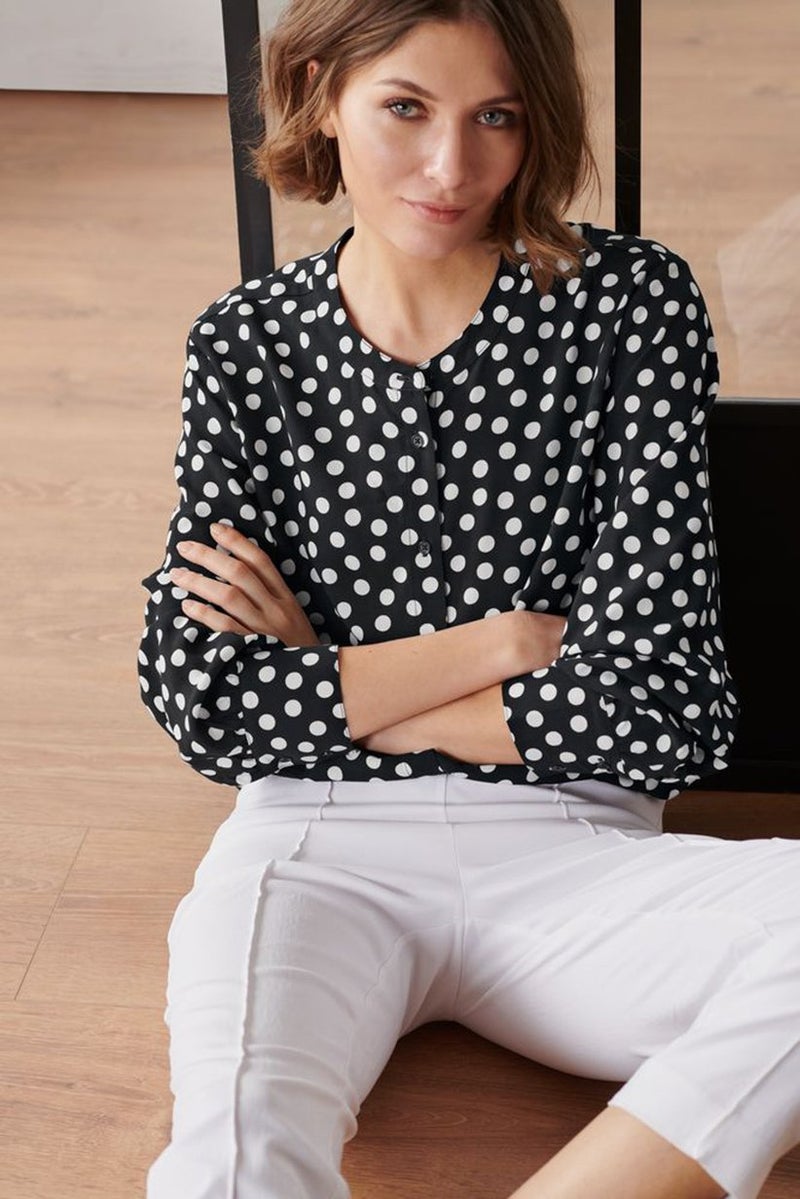 Women Round Neck Long Sleeve Polka Dots Top, Black