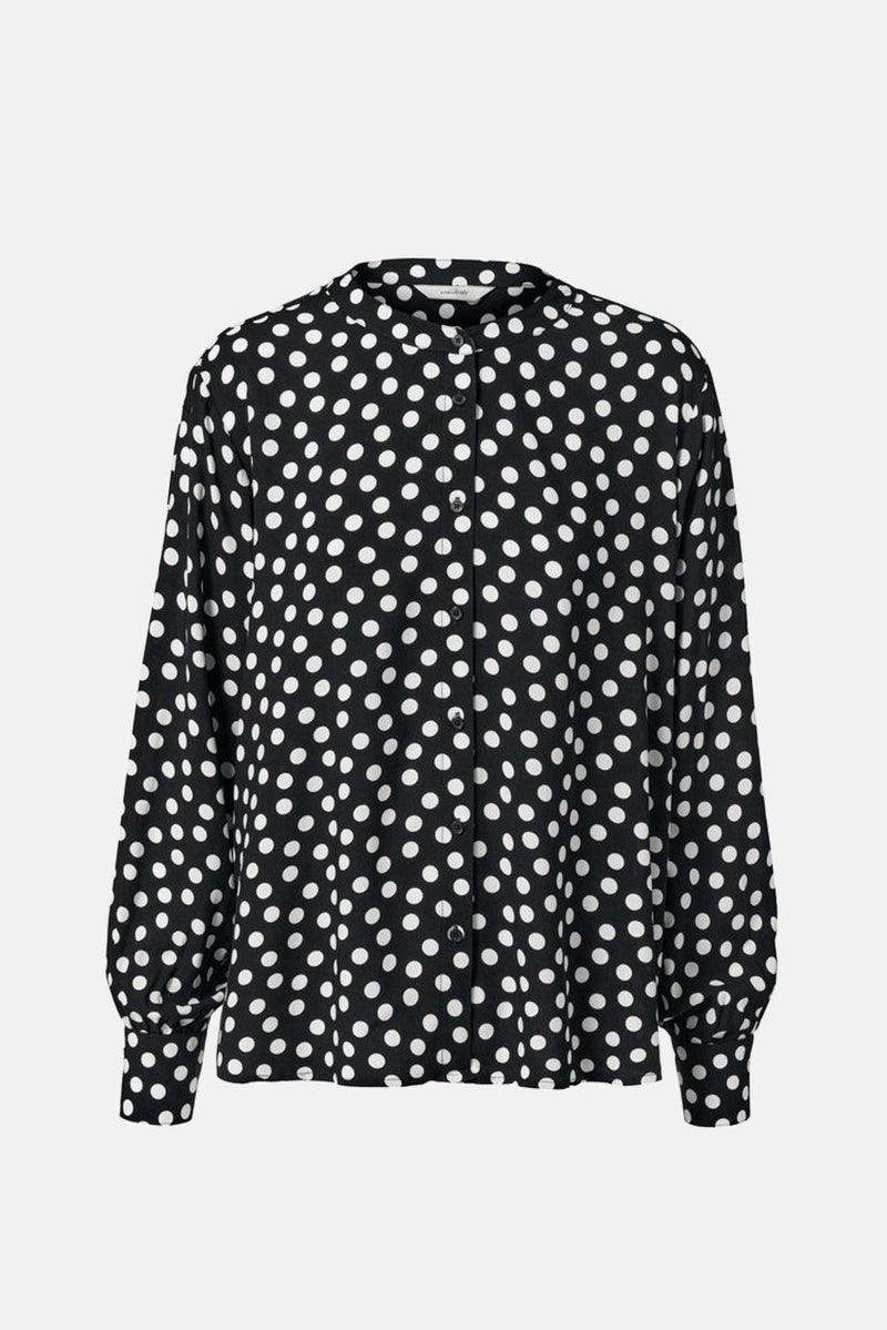 Women Round Neck Long Sleeve Polka Dots Top, Black