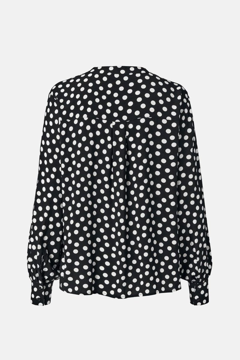 Women Round Neck Long Sleeve Polka Dots Top, Black