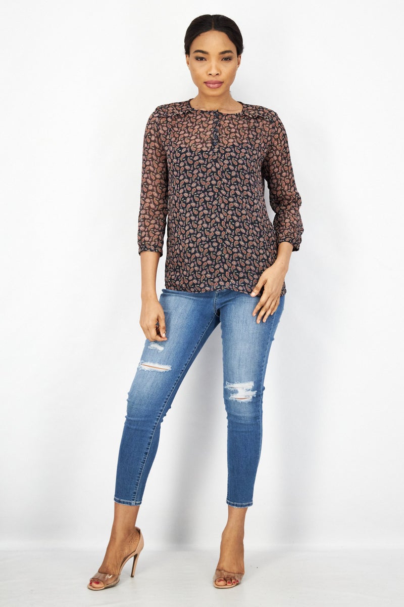 Women Round Neck Long Sleeve Printed Blouse, Black/Combo