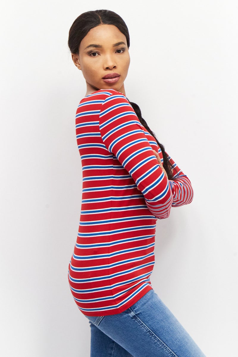 Women Scoop Neck Long Sleeve Stripe Top, Red