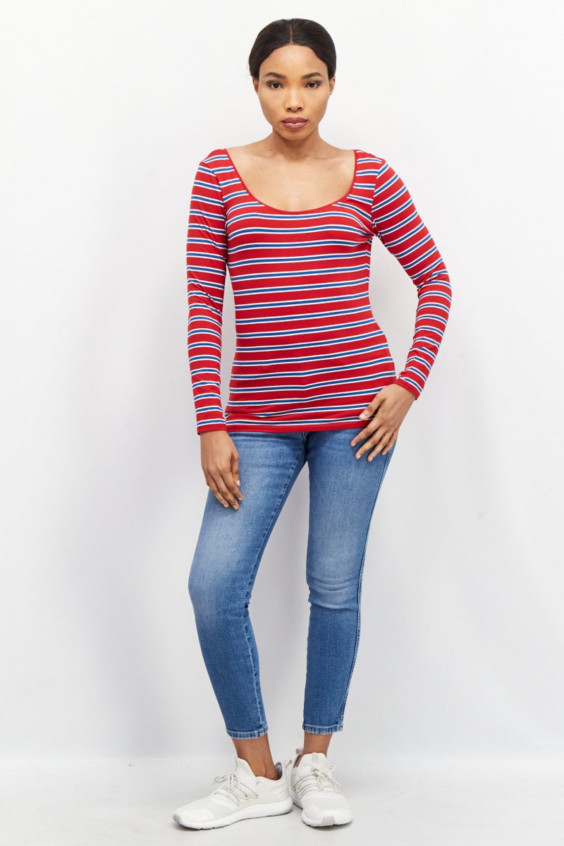 Women Scoop Neck Long Sleeve Stripe Top, Red