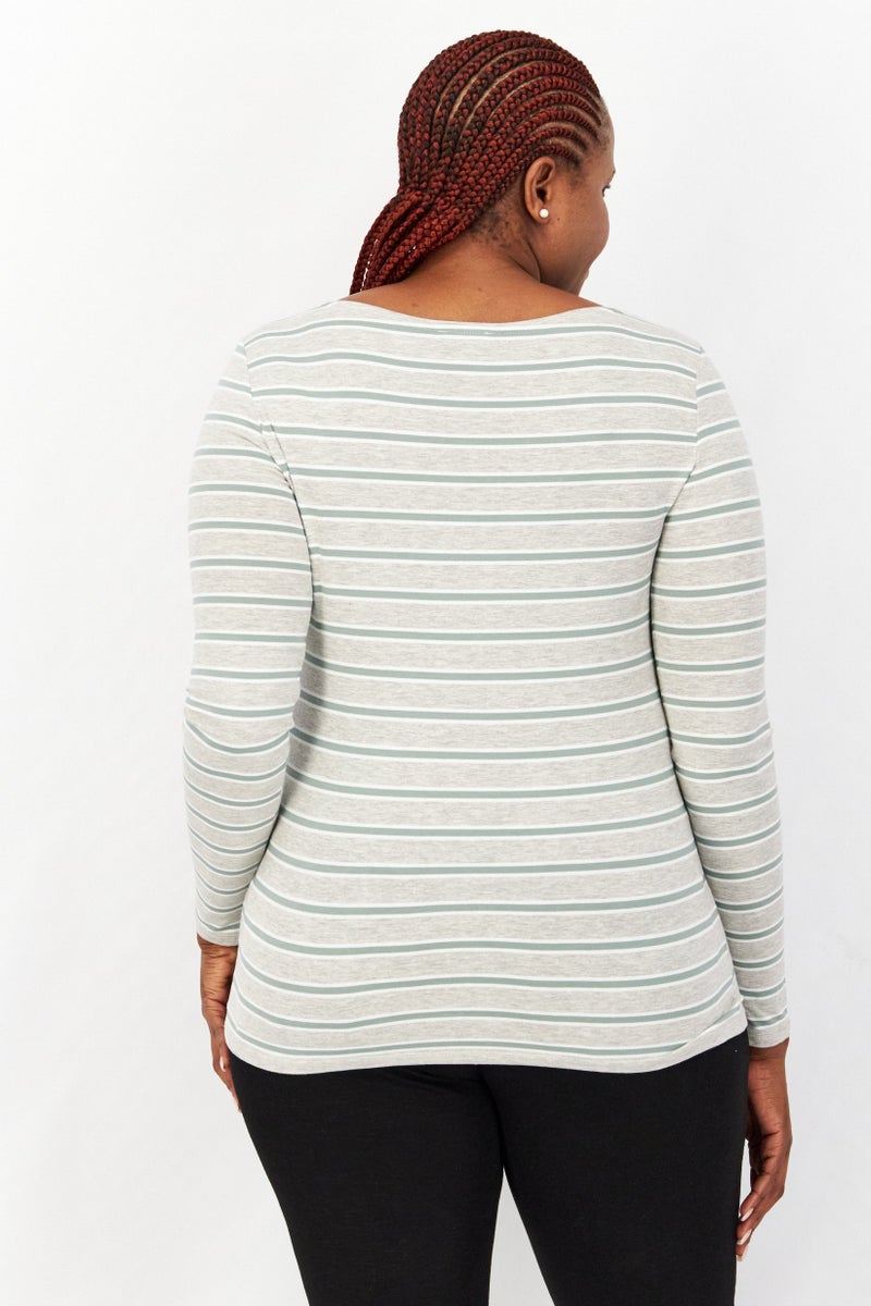 Women U Neck Long Sleeve Stripe Blouse, Grey/Green Combo