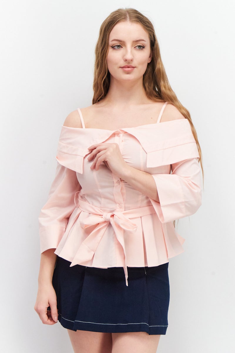 Women Cold Shoulder Long Sleeve Plain Top, Pink