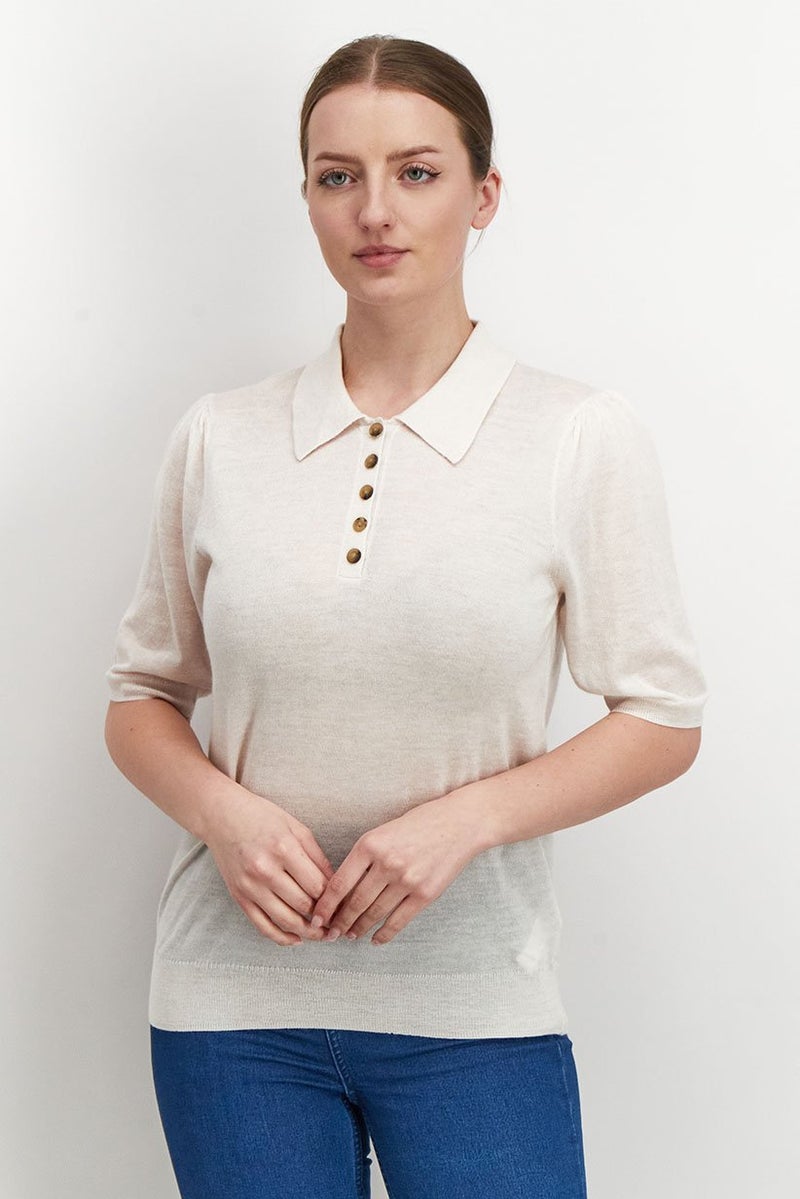 Women Spread Neck Short Sleeves Knit Polo Shirt, Cream