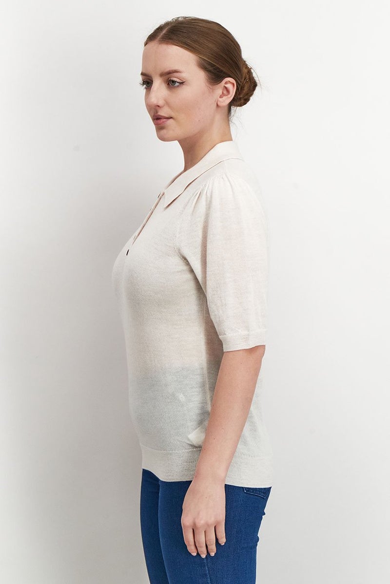 Women Spread Neck Short Sleeves Knit Polo Shirt, Cream