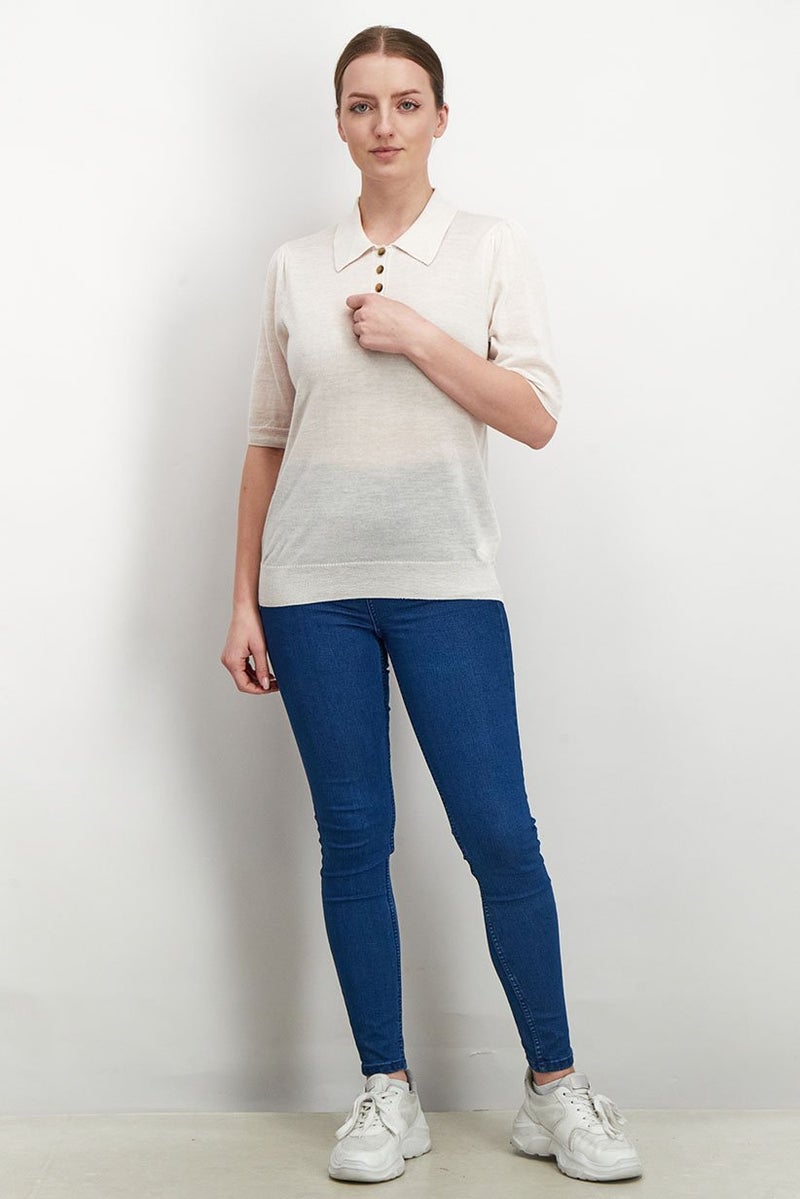 Women Spread Neck Short Sleeves Knit Polo Shirt, Cream