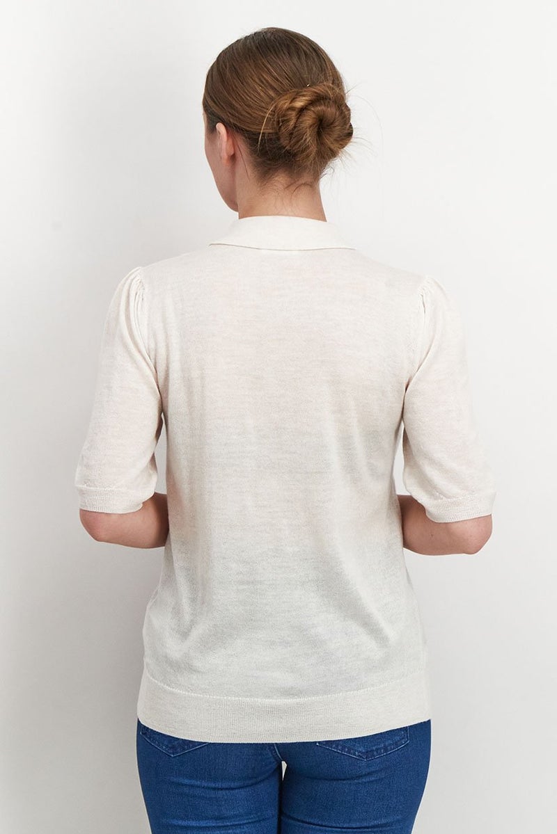 Women Spread Neck Short Sleeves Knit Polo Shirt, Cream