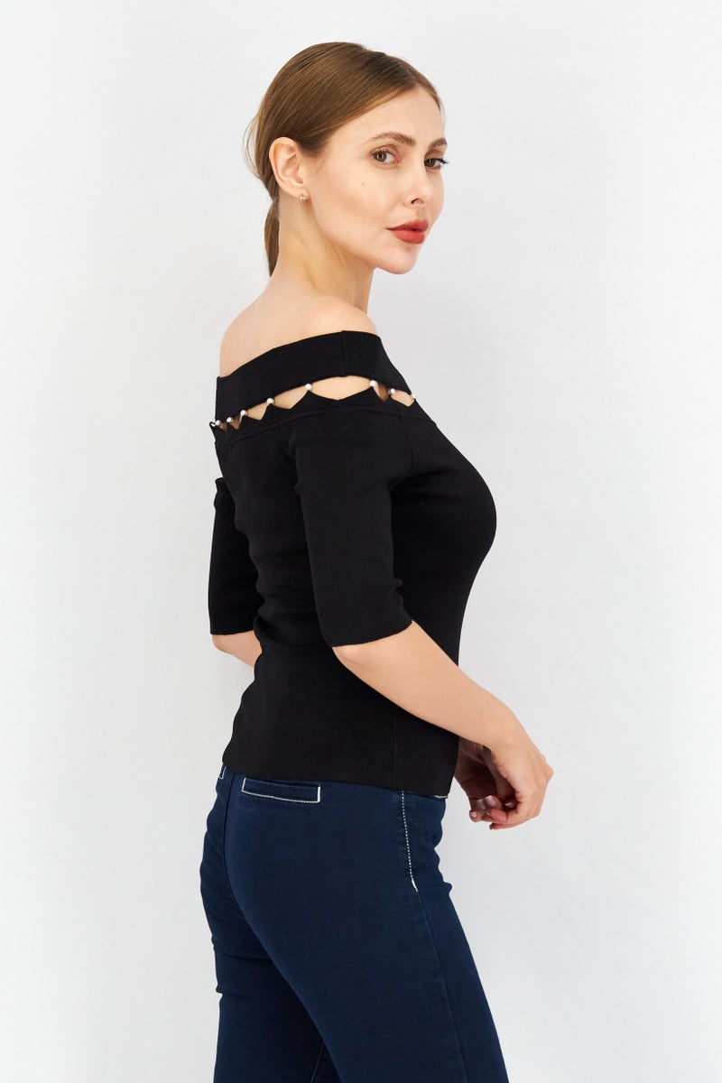 Women Off Shoulder Elbow Sleeves Plain Top, Black