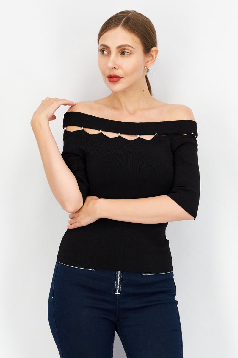 Women Off Shoulder Elbow Sleeves Plain Top, Black