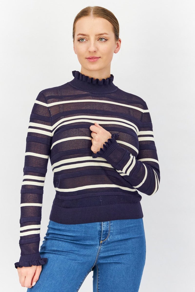 Women RuffleNeck Long Sleeves Striped Knit, Navy