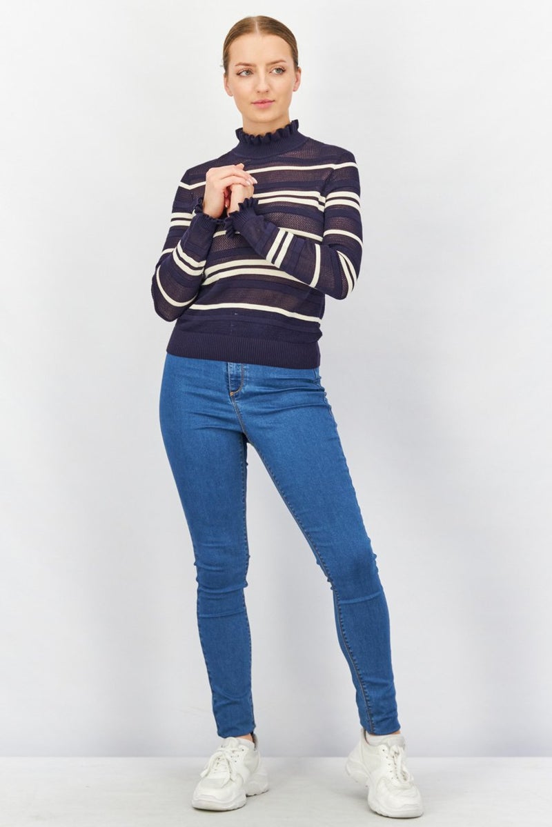 Women RuffleNeck Long Sleeves Striped Knit, Navy