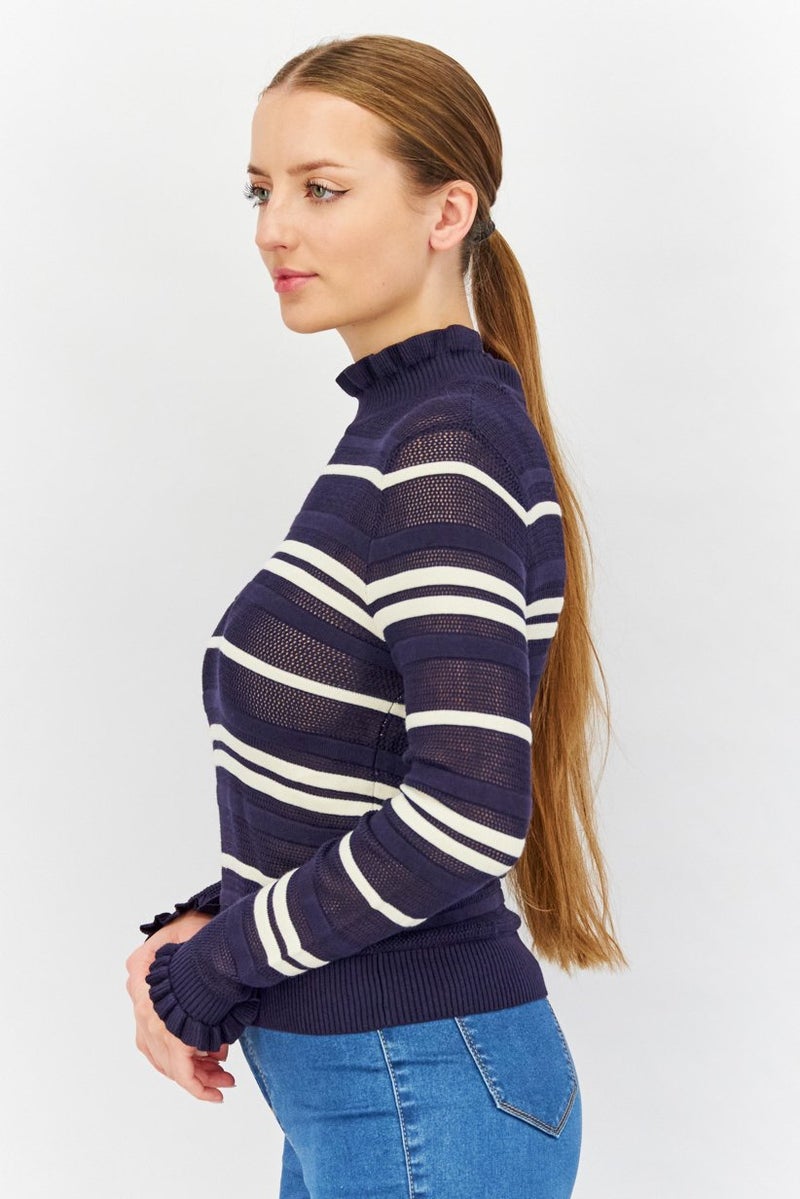 Women RuffleNeck Long Sleeves Striped Knit, Navy