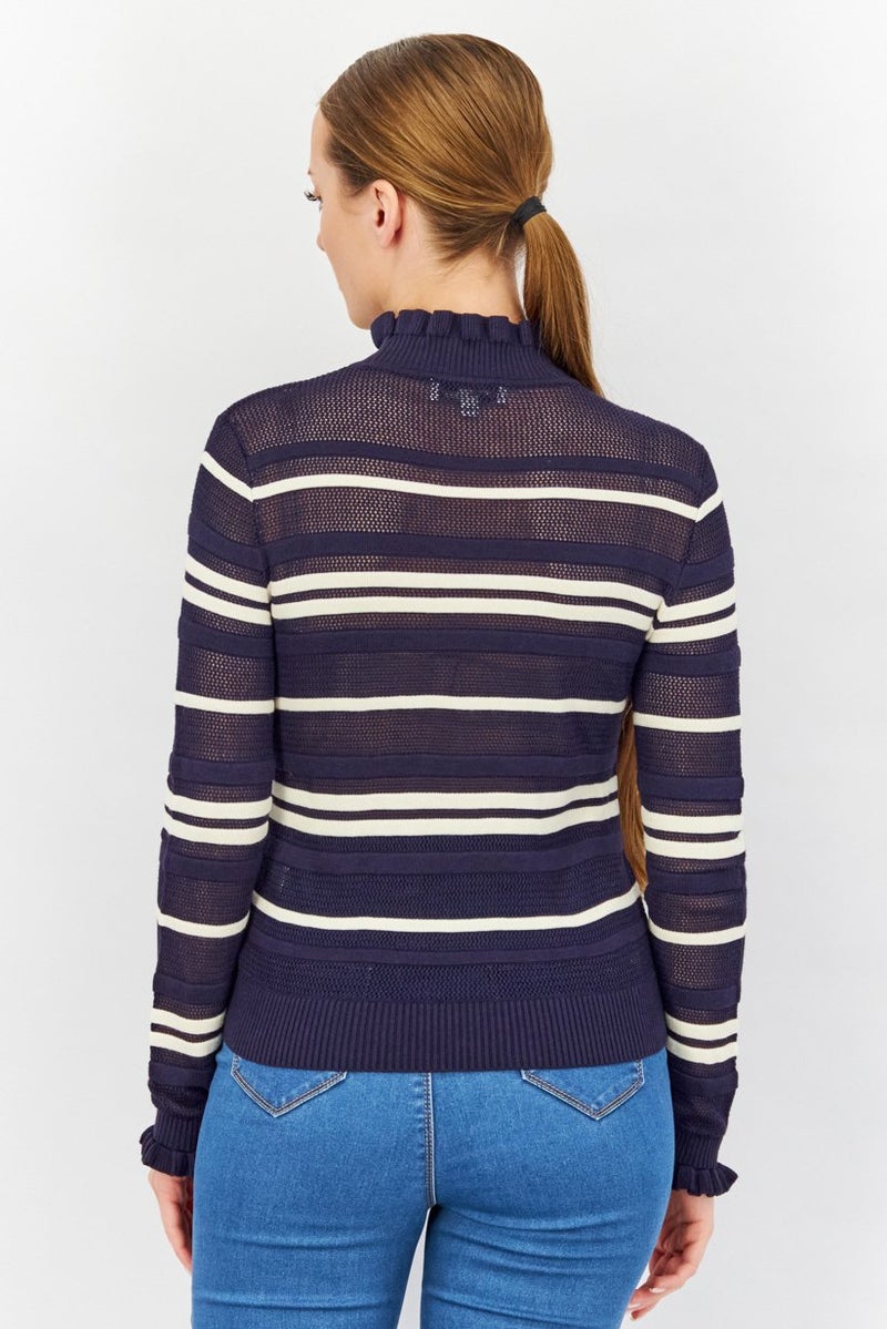 Women RuffleNeck Long Sleeves Striped Knit, Navy