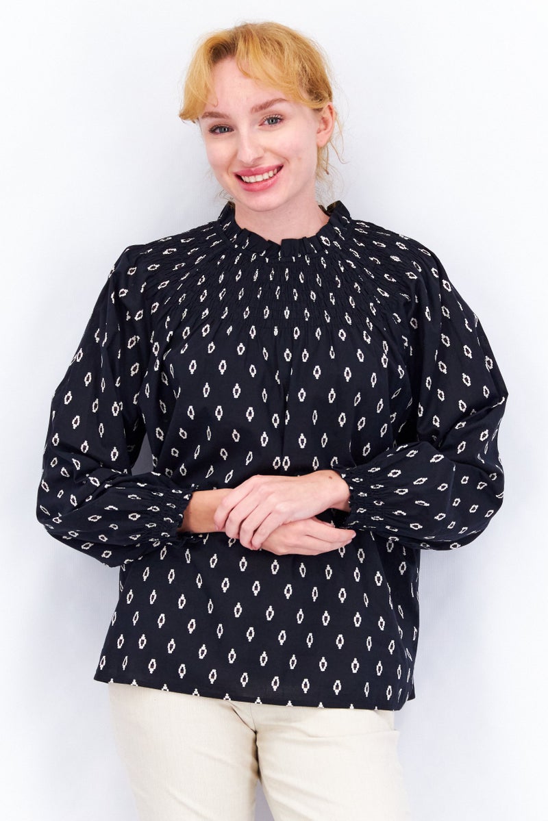 Women Crew Neck Long Sleeve Allover Blouse, Black/White