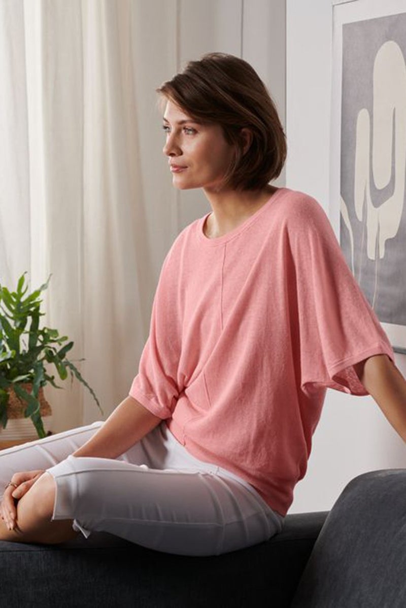 Women Round Neck Bell Sleeve Linen Top, Pink