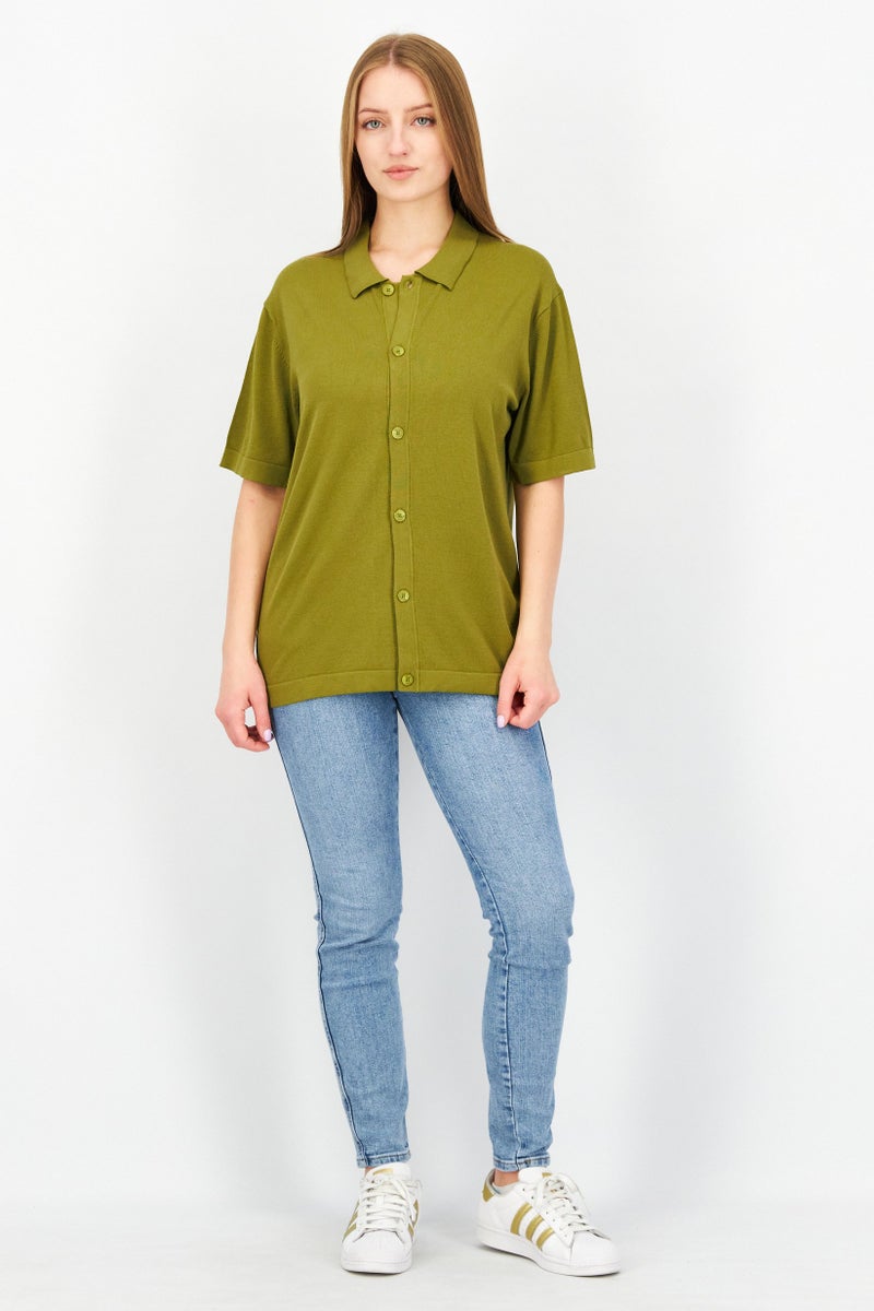 Women Spread Collar Short Sleeves Solid Shirt, Olive