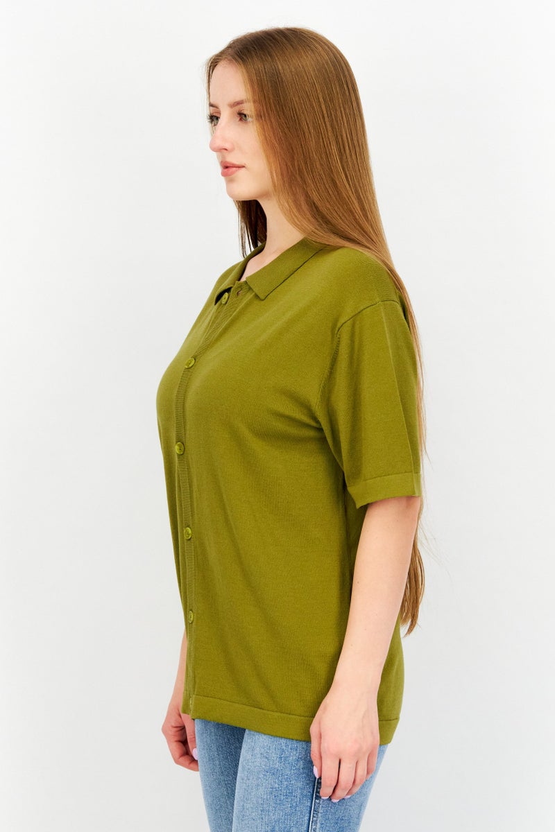 Women Spread Collar Short Sleeves Solid Shirt, Olive