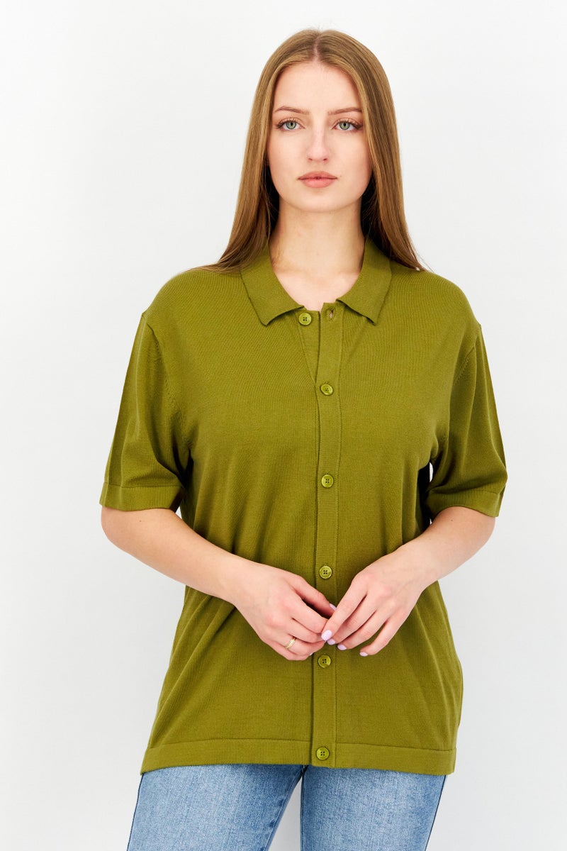 Women Spread Collar Short Sleeves Solid Shirt, Olive