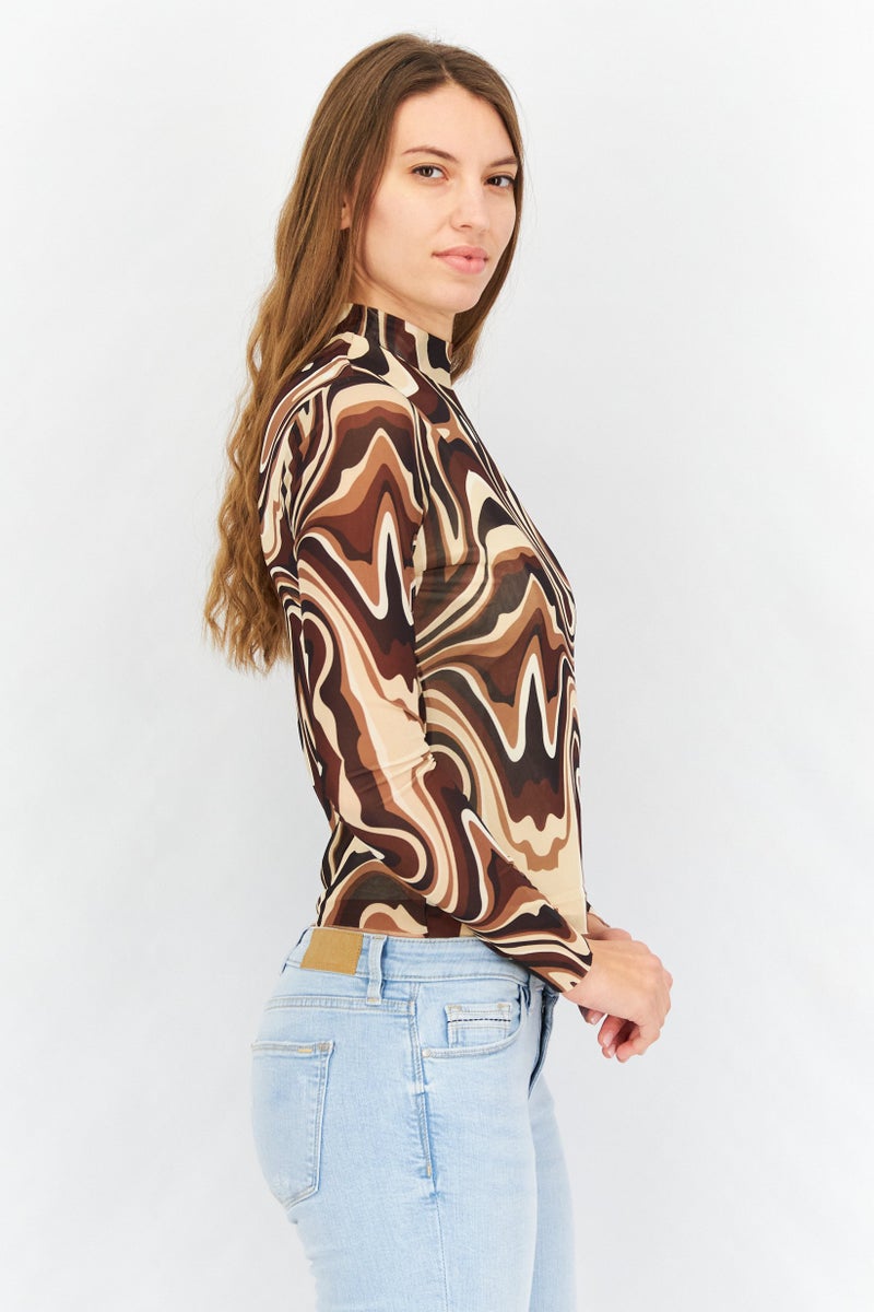 Women Mock Neck Long Sleeve Abstract Print Top, Brown Combo