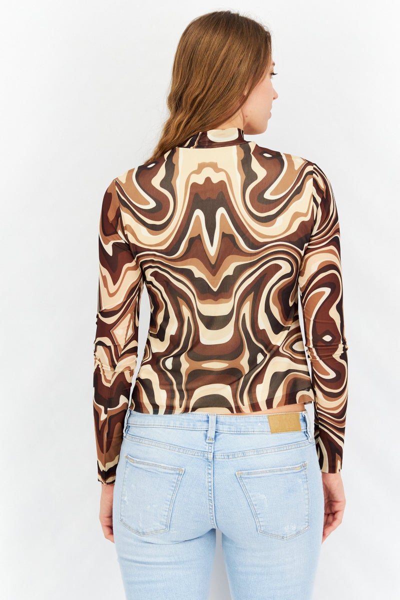 Women Mock Neck Long Sleeve Abstract Print Top, Brown Combo