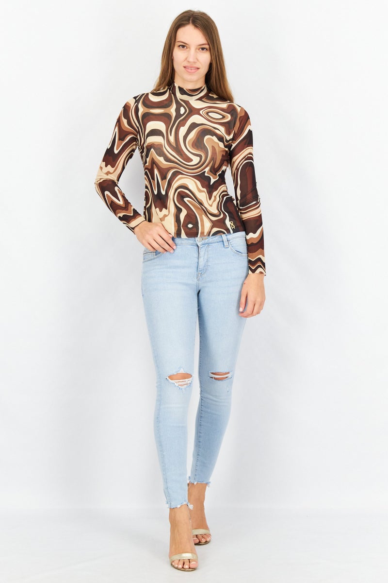 Women Mock Neck Long Sleeve Abstract Print Top, Brown Combo