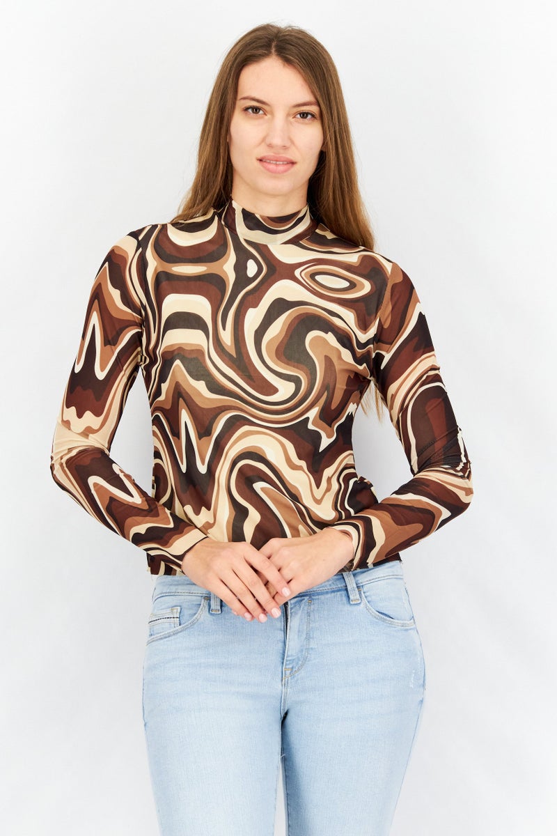 Women Mock Neck Long Sleeve Abstract Print Top, Brown Combo