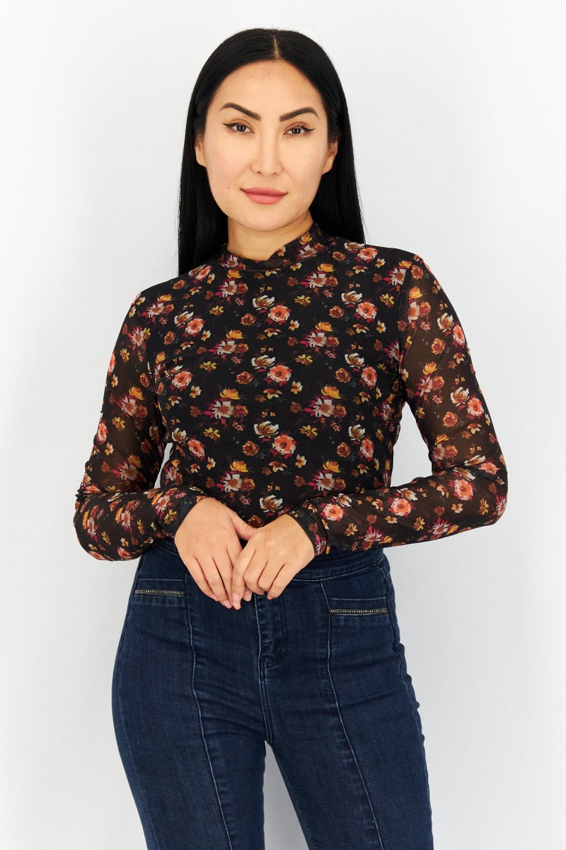 Women Floral Print Long Sleeve Bodysuit Black