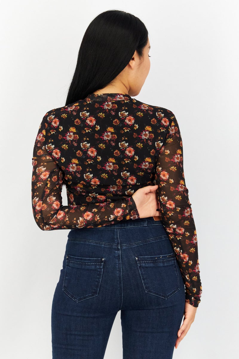Women Floral Print Long Sleeve Bodysuit Black