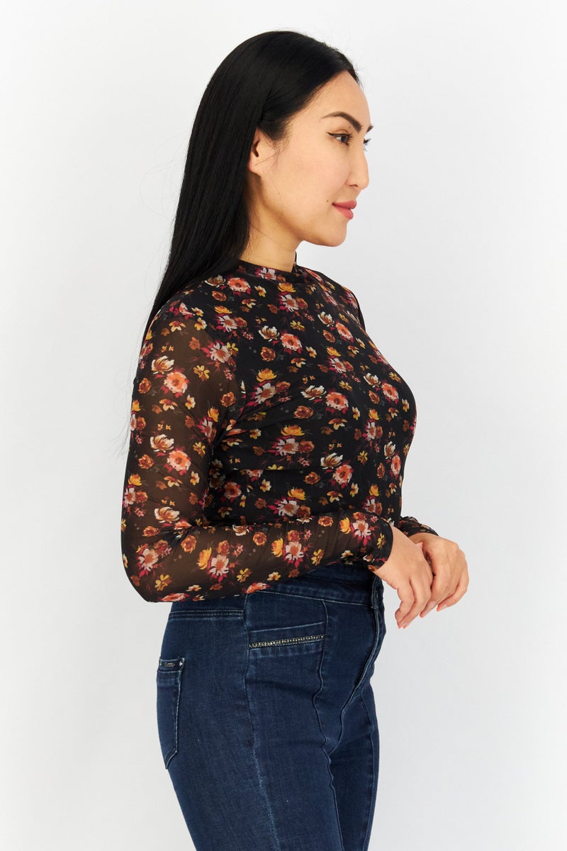 Women Floral Print Long Sleeve Bodysuit Black