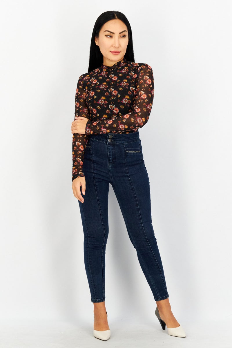 Women Floral Print Long Sleeve Bodysuit Black