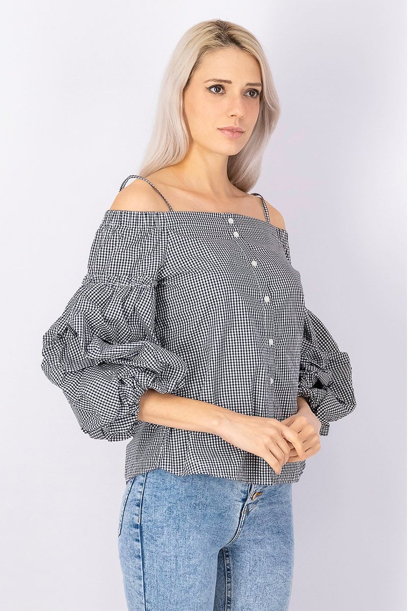 Women Off Shoulder Queenie Tartan 3 and 4 Gingham Shirt, Black and White