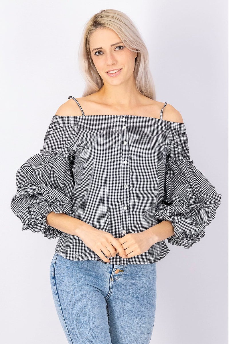 Women Off Shoulder Queenie Tartan 3 and 4 Gingham Shirt, Black and White