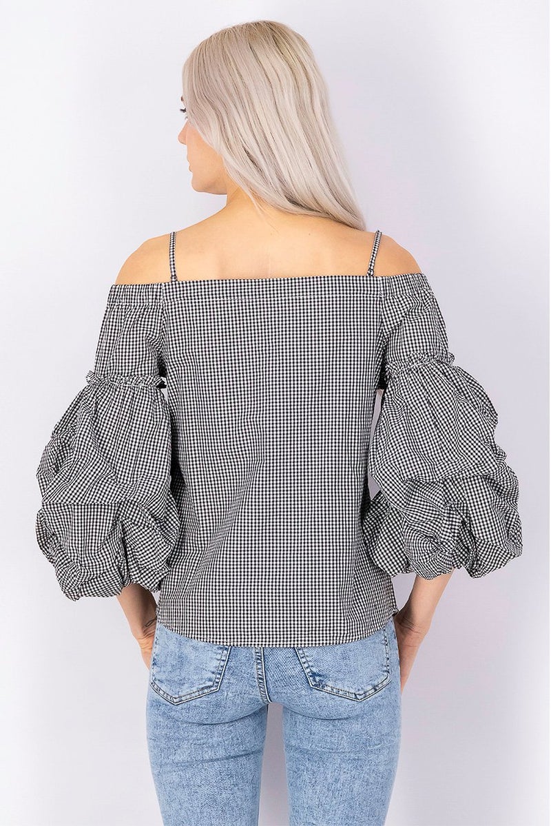 Women Off Shoulder Queenie Tartan 3 and 4 Gingham Shirt, Black and White