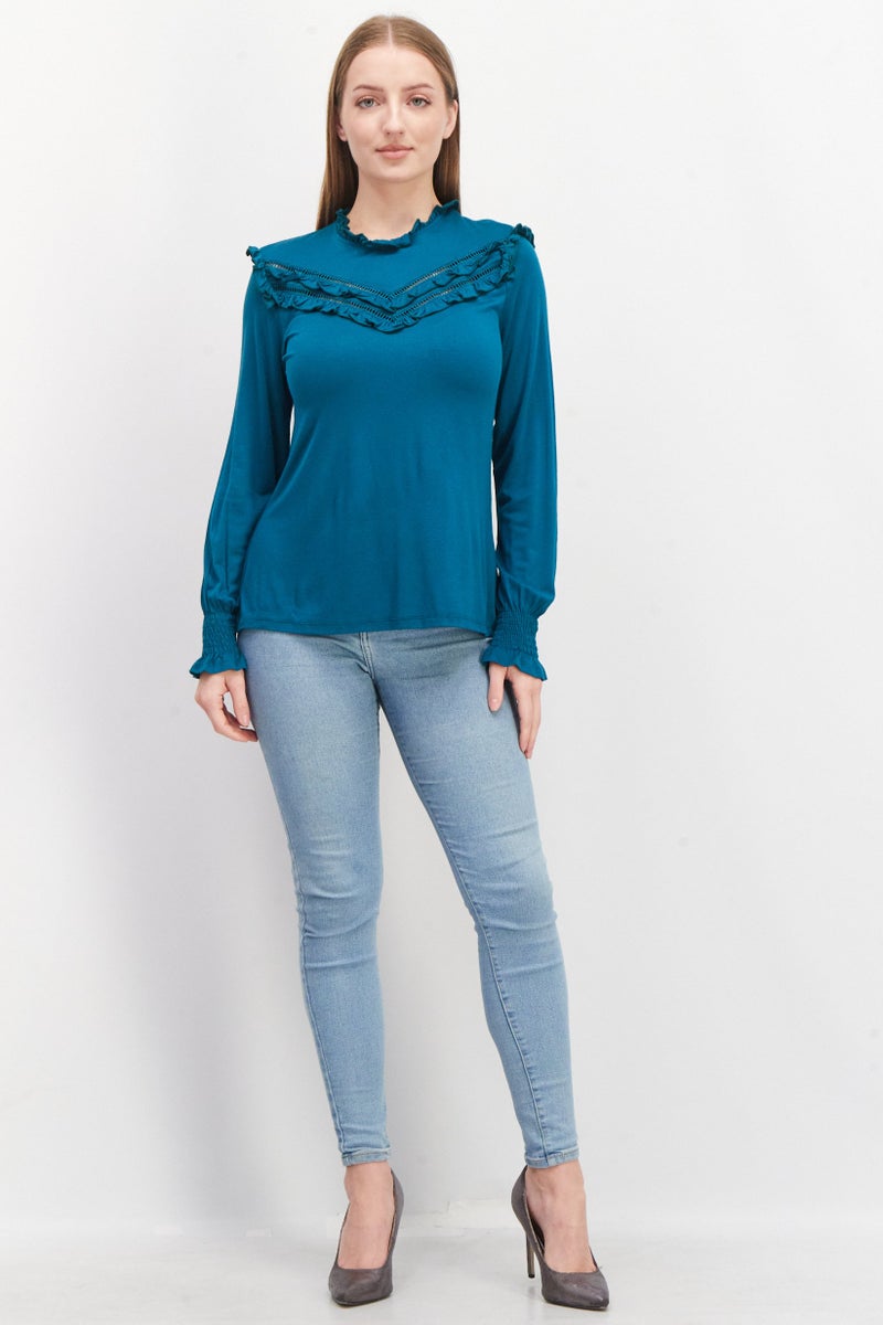 Women Crew Neck Long Sleeve Textured Top, Teal