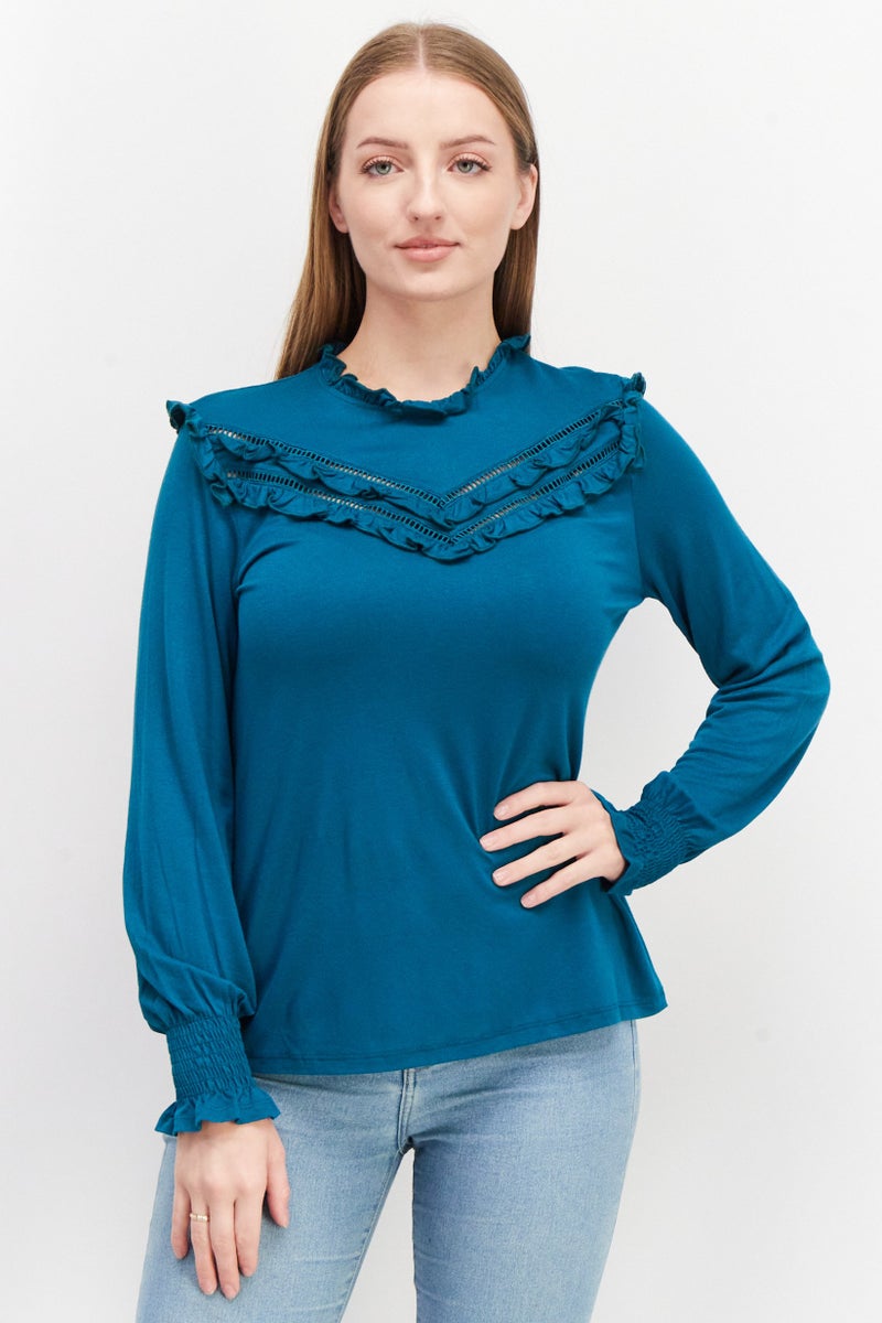 Women Crew Neck Long Sleeve Textured Top, Teal