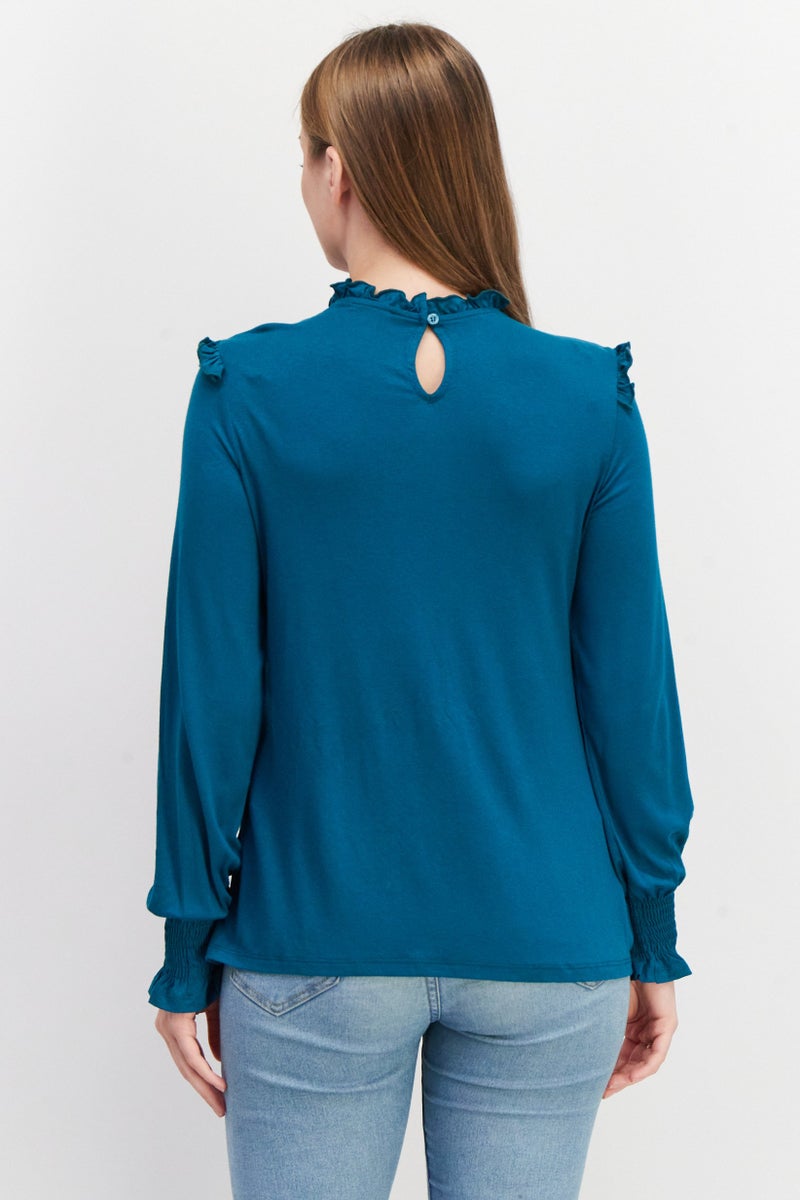 Women Crew Neck Long Sleeve Textured Top, Teal