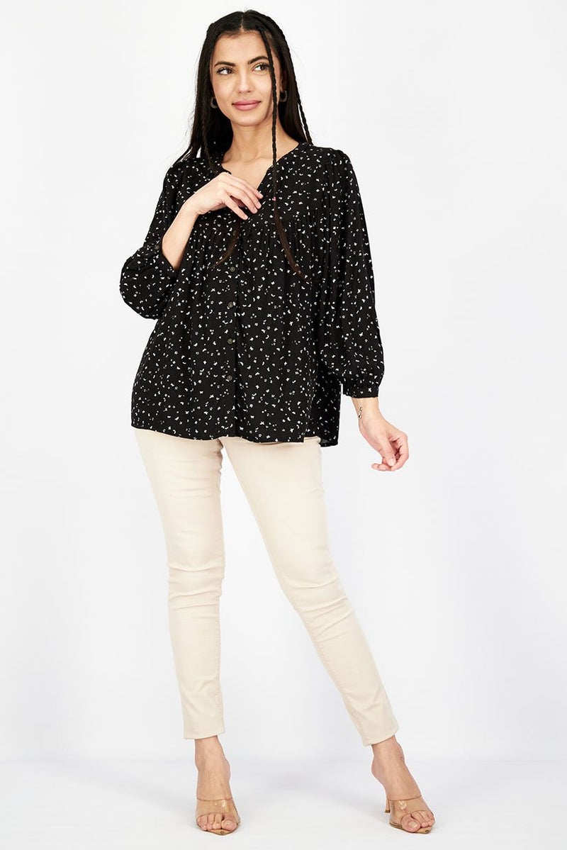 Women Split Neck Long Sleeve Allover Print Top, Black and White