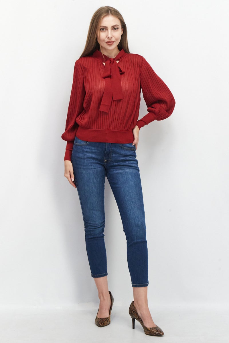 Women Tie Neck Long Sleeve Pleated Top, Maroon