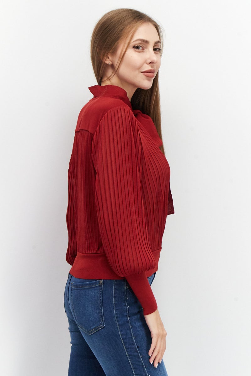 Women Tie Neck Long Sleeve Pleated Top, Maroon