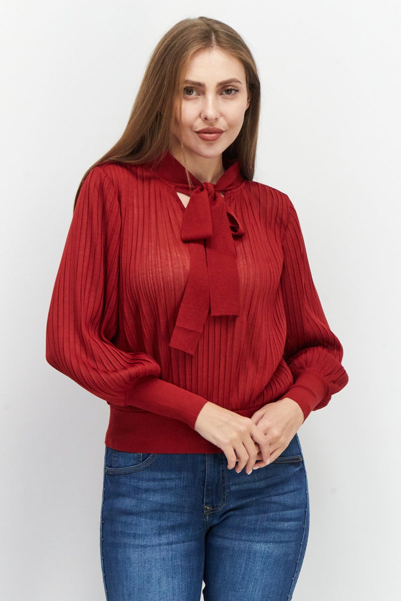 Women Tie Neck Long Sleeve Pleated Top, Maroon