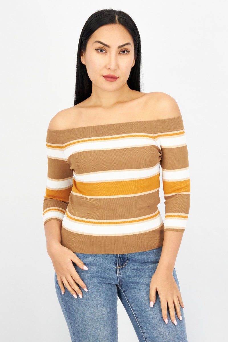 Women Off Shoulder Elbow Sleeve Stripe Top, Brown Combo