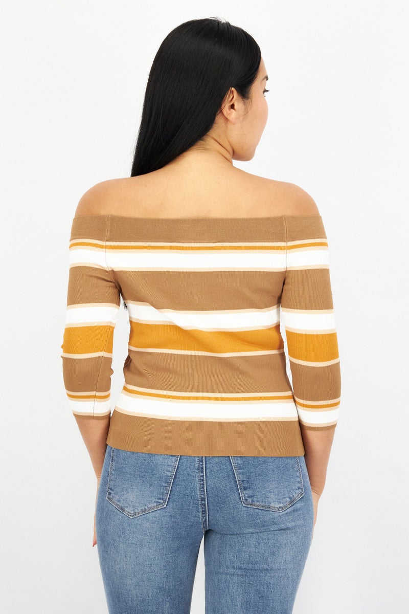 Women Off Shoulder Elbow Sleeve Stripe Top, Brown Combo