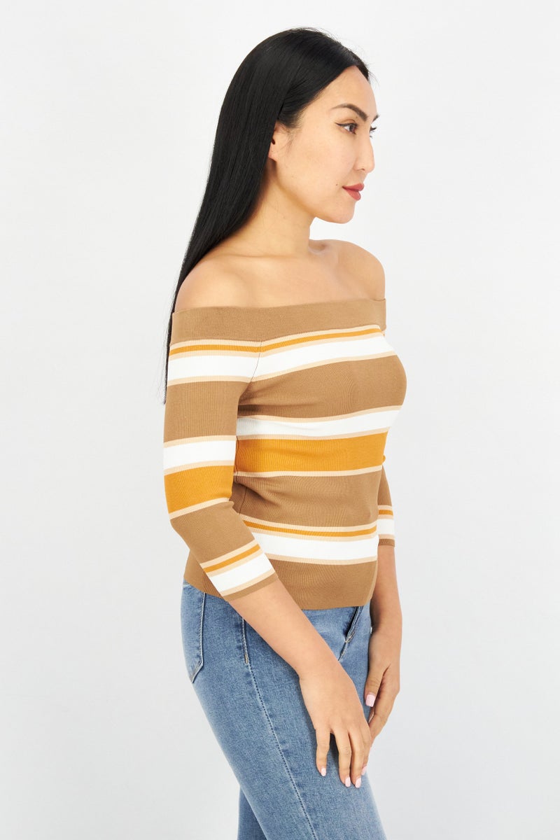 Women Off Shoulder Elbow Sleeve Stripe Top, Brown Combo