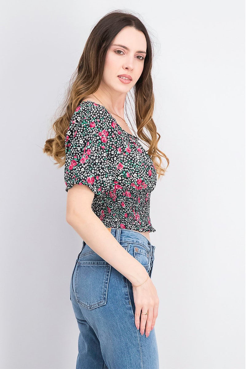 Women Square Neck Puffed Sleeve Floral Top, Black Combo