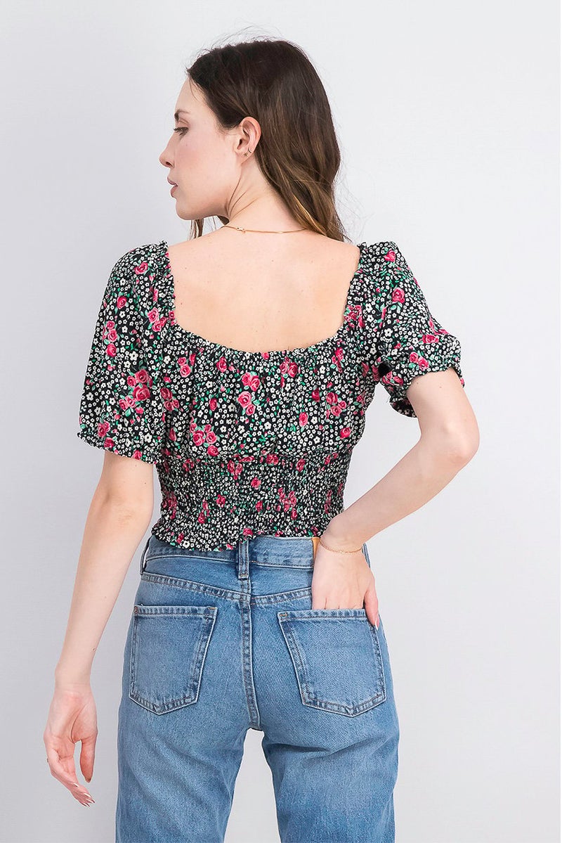 Women Square Neck Puffed Sleeve Floral Top, Black Combo