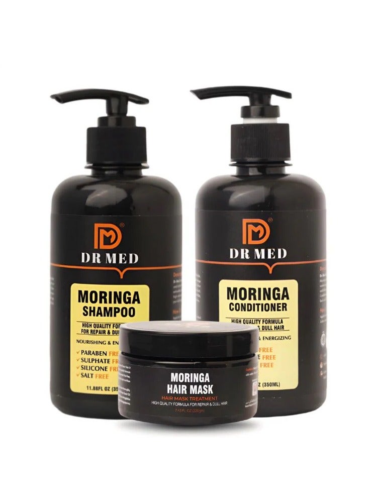 DR MED Moringa Shampoo 350ml, Conditioner 350ml, and Hair Mask 220g Pack of 3 – Elevating Quality and Formula for Repairing & Revitalizing Dull Hair