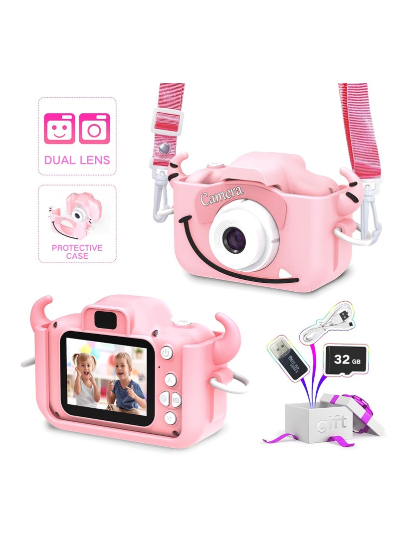 Kids Camera with Silicone Case, Video Camera for Children with Fun Games, Kids Digital Camera with Special Effects, Rechargeable Battery, Ideal for Boys and Girls (Pink Cow 8G)