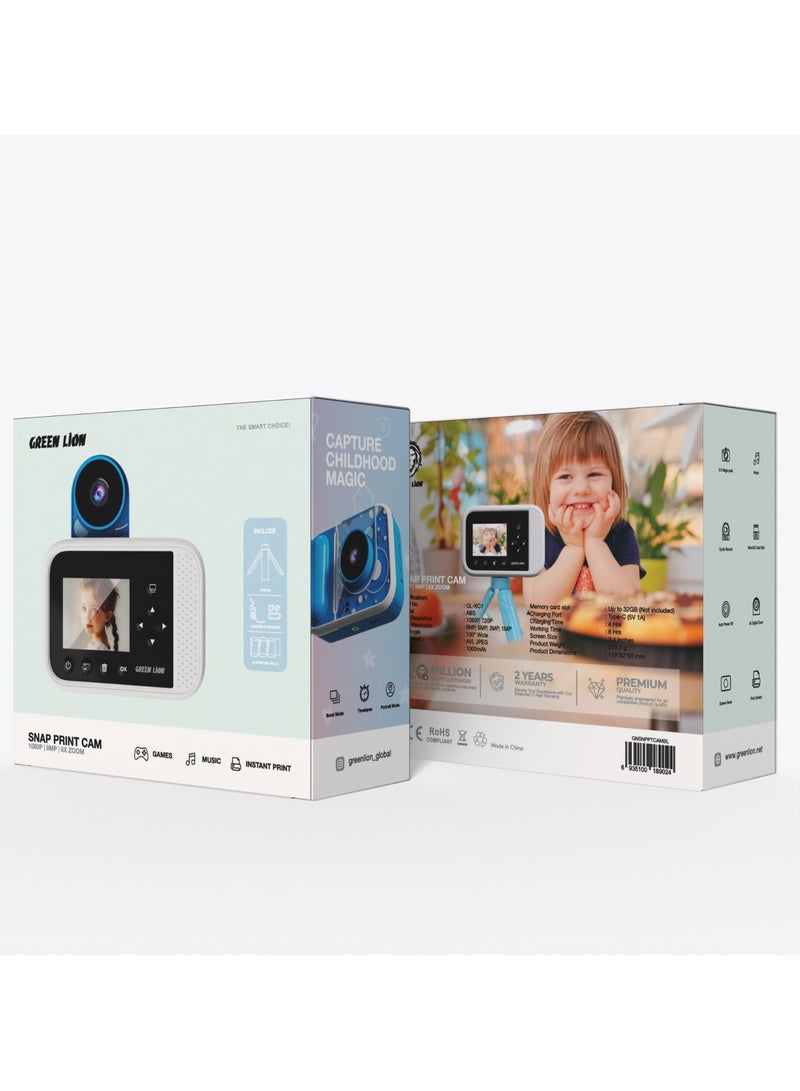 Snap Print Cam / 1080P/8MP/8xDigital Zoom / Games / Music / Instant Print / Burst Mode / Timelapse / Portrait Mode / Type-C Charging / High Battery Capacity / 100°Wide Lens Angle - Blue